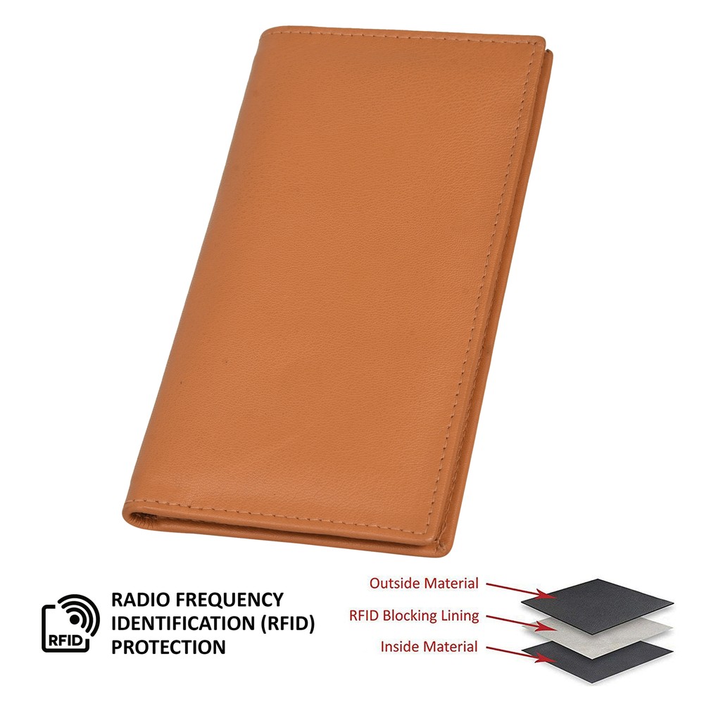 Leatherboss Genuine Leather Basic RFID Checkbook Cover with ID Slot, Tan