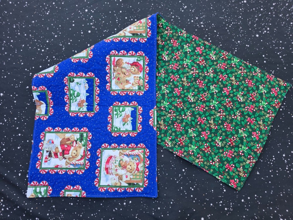 Handmade Quilted Table Runner Christmas Holiday Teddy Bear Candy snow peppermint