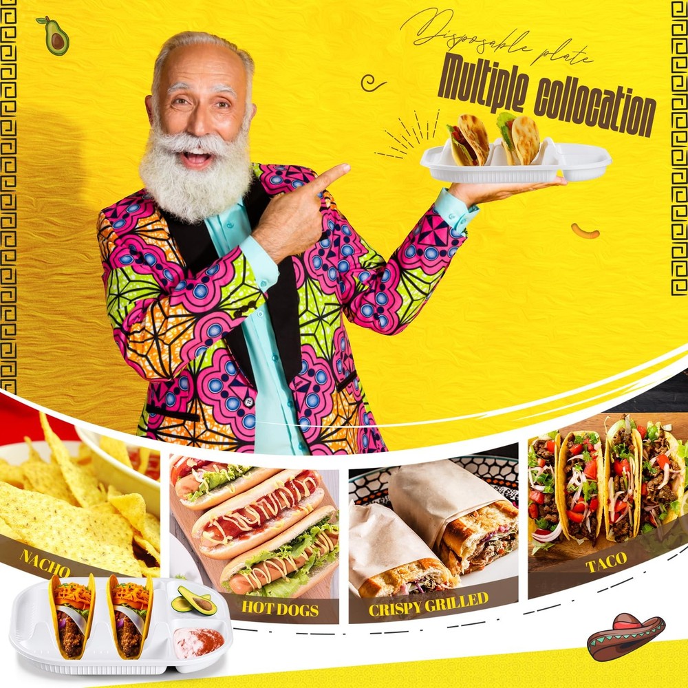 Baderke 60 Pack Disposable Plastic Taco Plates, PP Taco Holder Plates with 2 Div