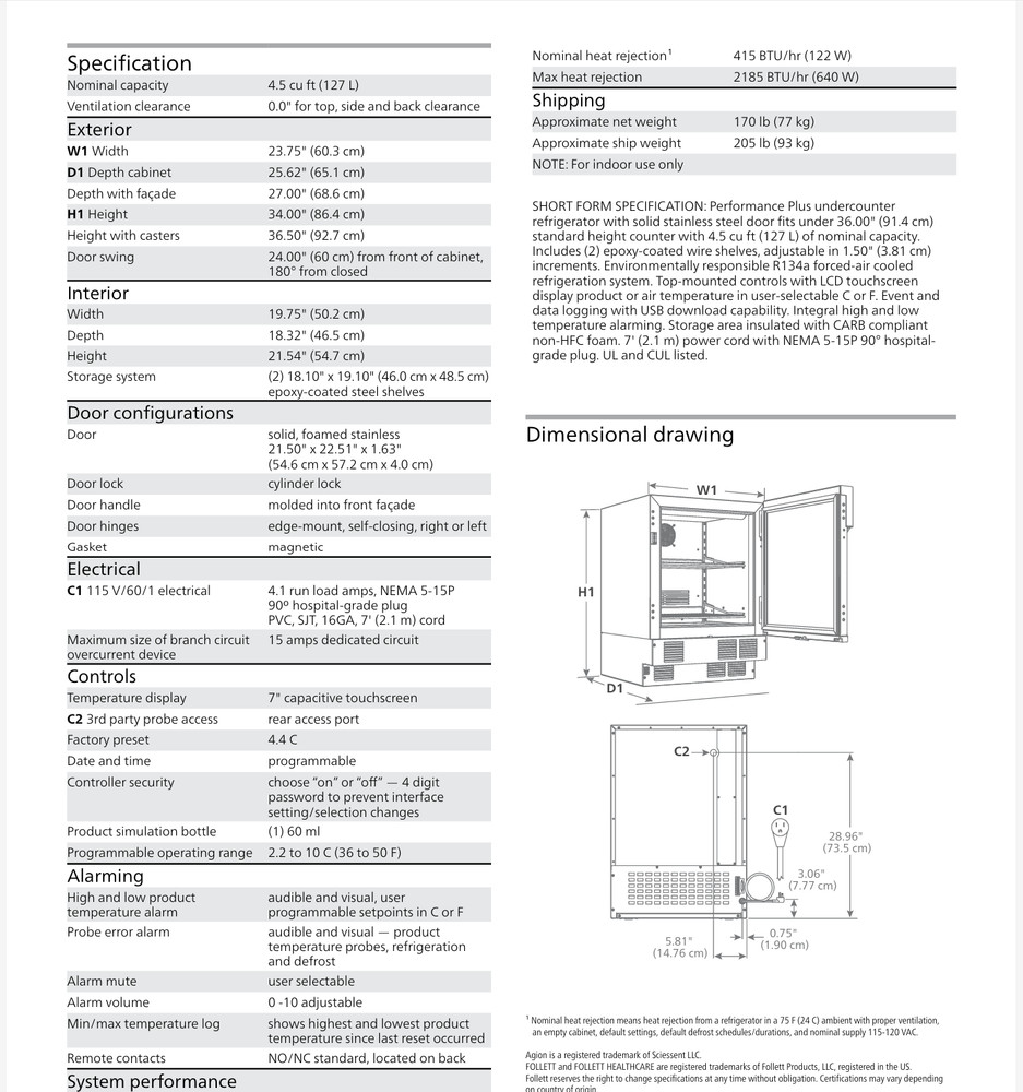 FOLLETT Performance Plus REF5P-T Medical Refrigerator 4.5CU TouchScreen **MINT**
