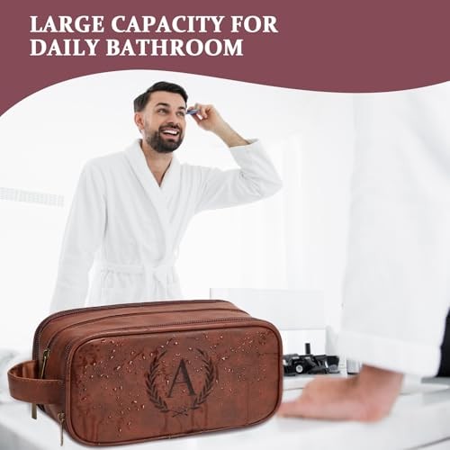 Leather Toiletry Bag for Men, Personalized Laserngraved Initials & Red Brown E