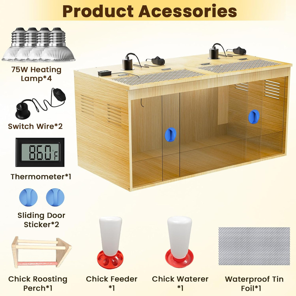 Brooder Box for Chicks, 32 Inch Large Wooden Chicken Brooder Box with 75W Heat L