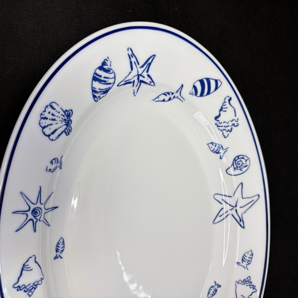 Serving Platter Elliot Bay Pattern White With Blue Seashell Fish & Trim 15”