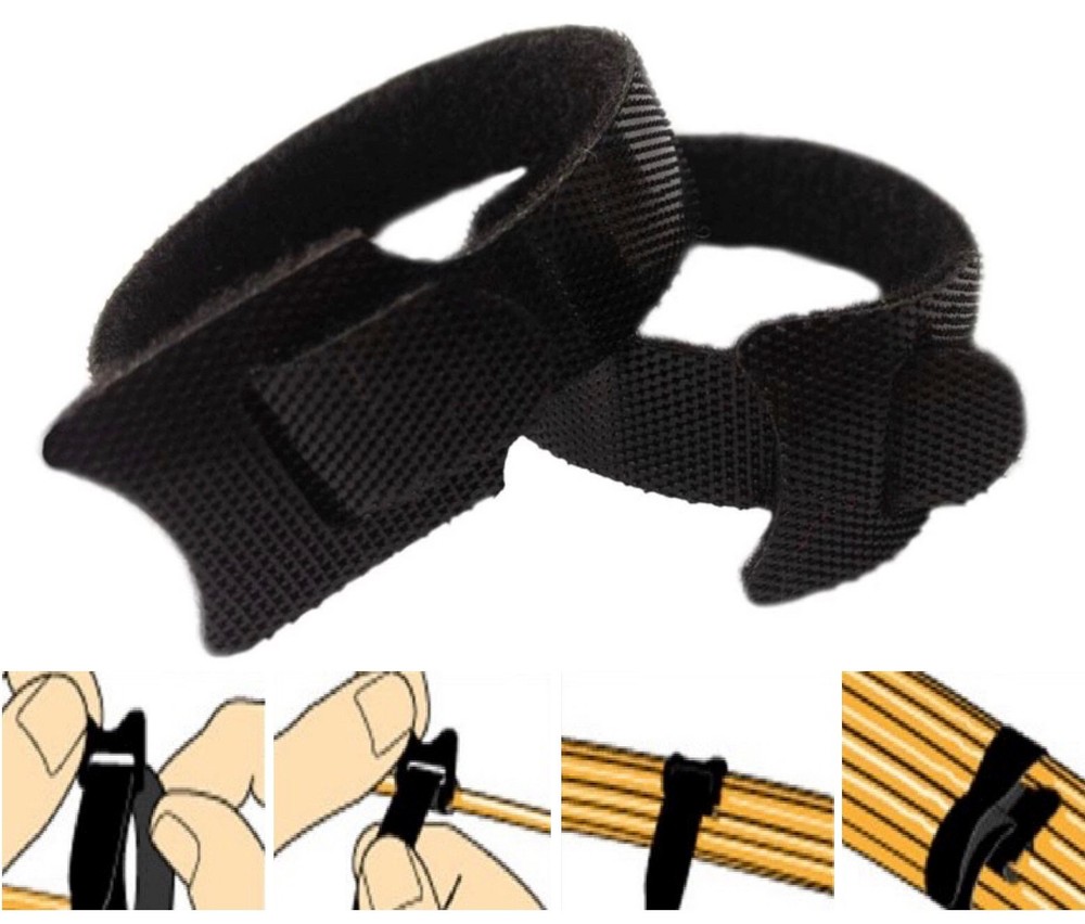 Black Cable Straps Wire Cord Hook & Loop Ties - Reusable Fastening Organizer