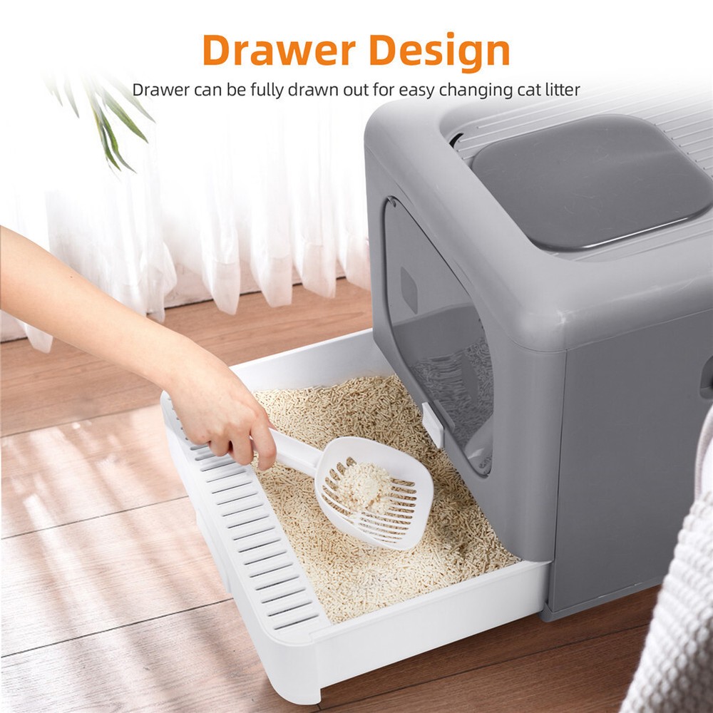 Large Space Cat Litter Box Front Top Entry with Scoop Drawer Foldable Detachable
