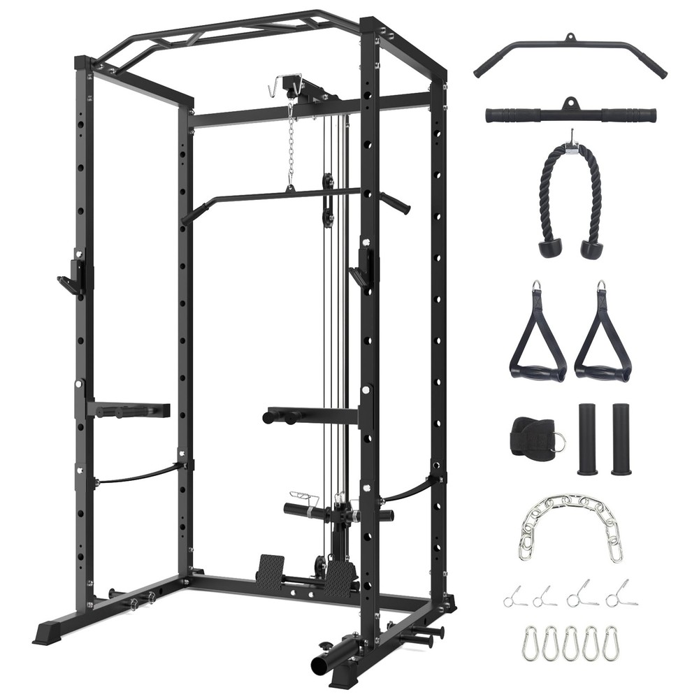 Multi-Functional Power Rack LAT Pulldown Cable System J-Hooks Dip Bars Landmine