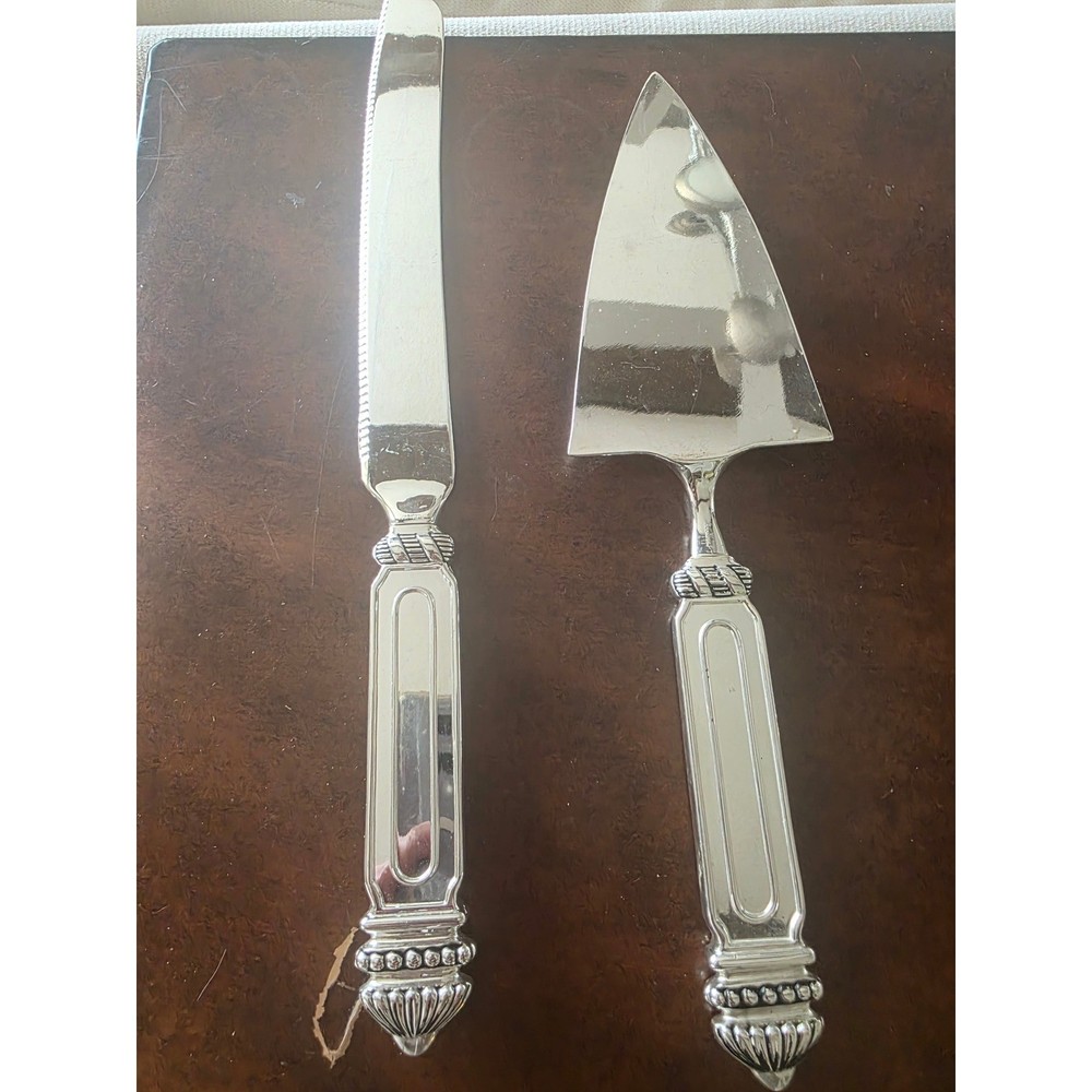 Silver Plated Cake Knife and Server Set Ornate Beaded Handle Wedding Serving 2pc