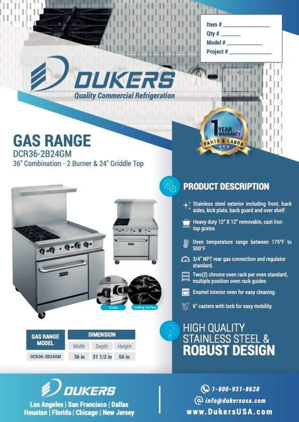 DCR36-2B24GM 36″ Gas Range with Two (2) Open Burners & 24″ Griddle