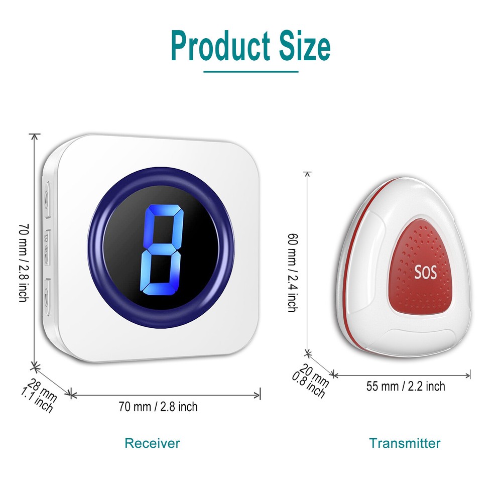 Caregiver Pager,1 transmitter calling 2 ringers,Wireless Call Button for Elderly