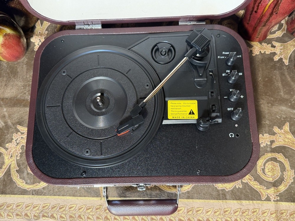 Voksun Portable Suitcase Record Player Bluetooth USB AUX 3-Speed Brown Tested