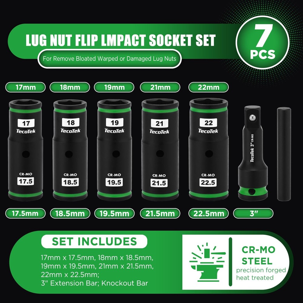 7PCS Lug Nut Socket Set, 1/2” Impact Thin Wall Flip Socket, Half Size Wheel S...