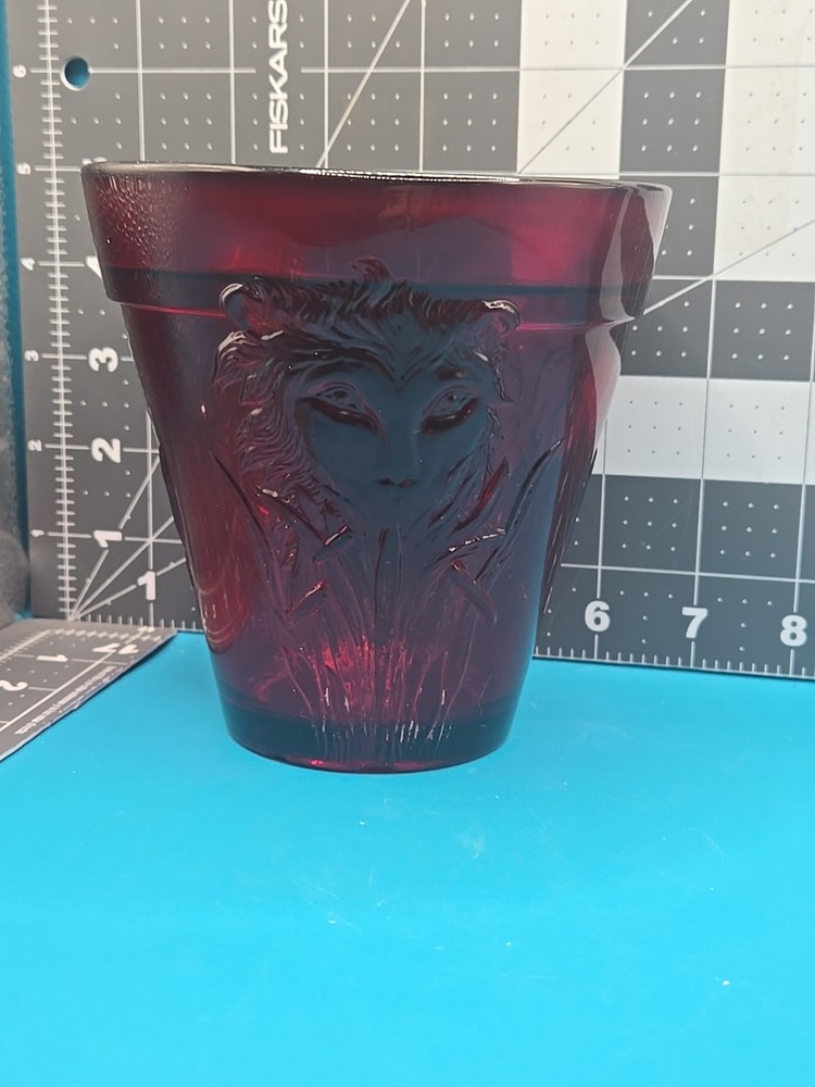 Vintage 5" Tall Ruby Red Glass Planter Eith Lion Head Flower Embossed Around It