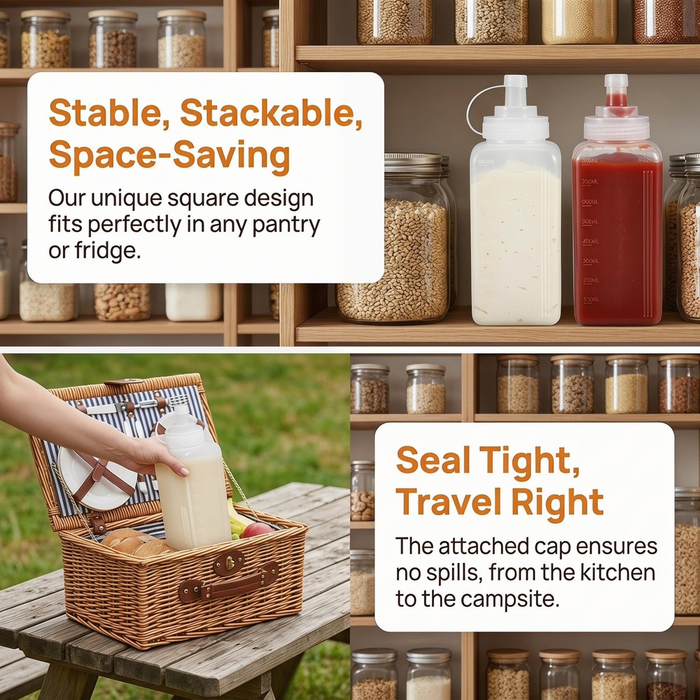 2Pcs Large Squeeze Bottle, Plastic Squeeze Condiment Bottles with Cap Lids, S...