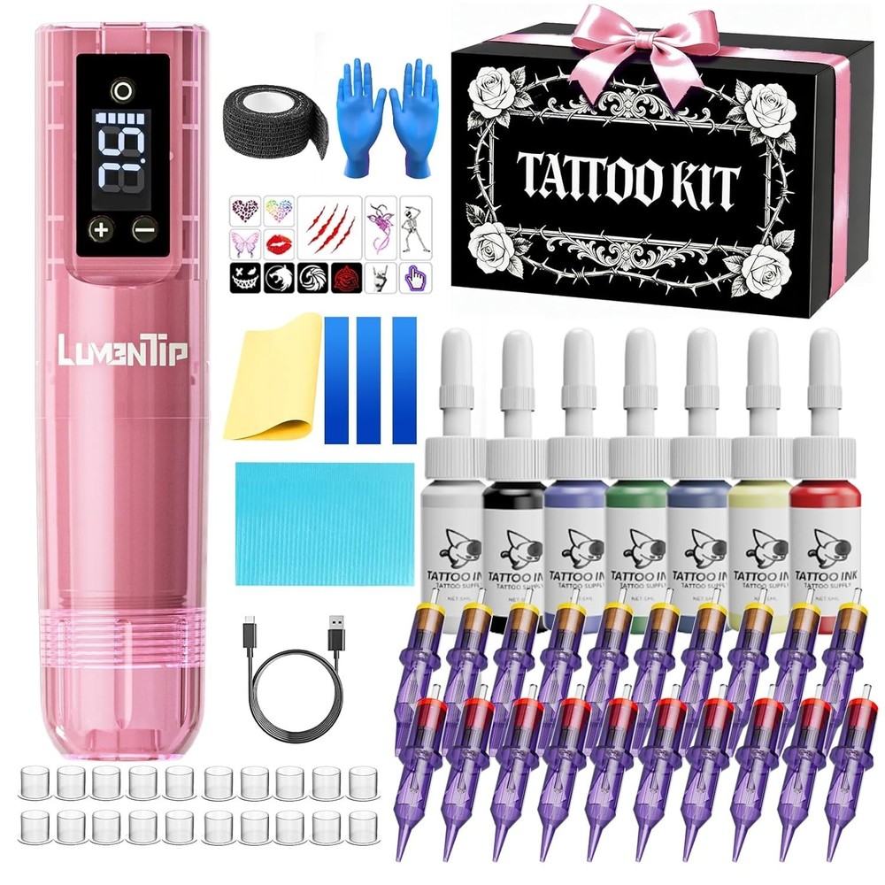 Wireless Tattoo Kit Complete for Beginners Pen Machine with Power Supply Needles