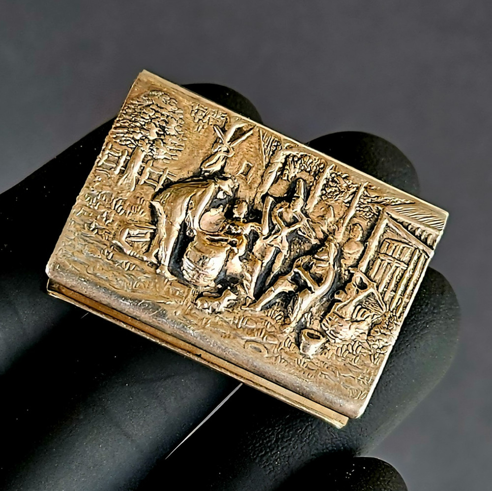 Vintage Silver Plated Repousse Medieval Vilage Match Holder Safe