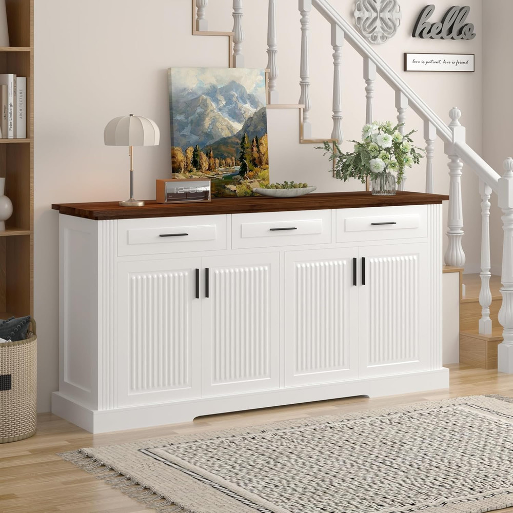 63" Fluted Sideboard Buffet Cabinet with Storage – 4 Doors, 3 Drawers, Adjustabl