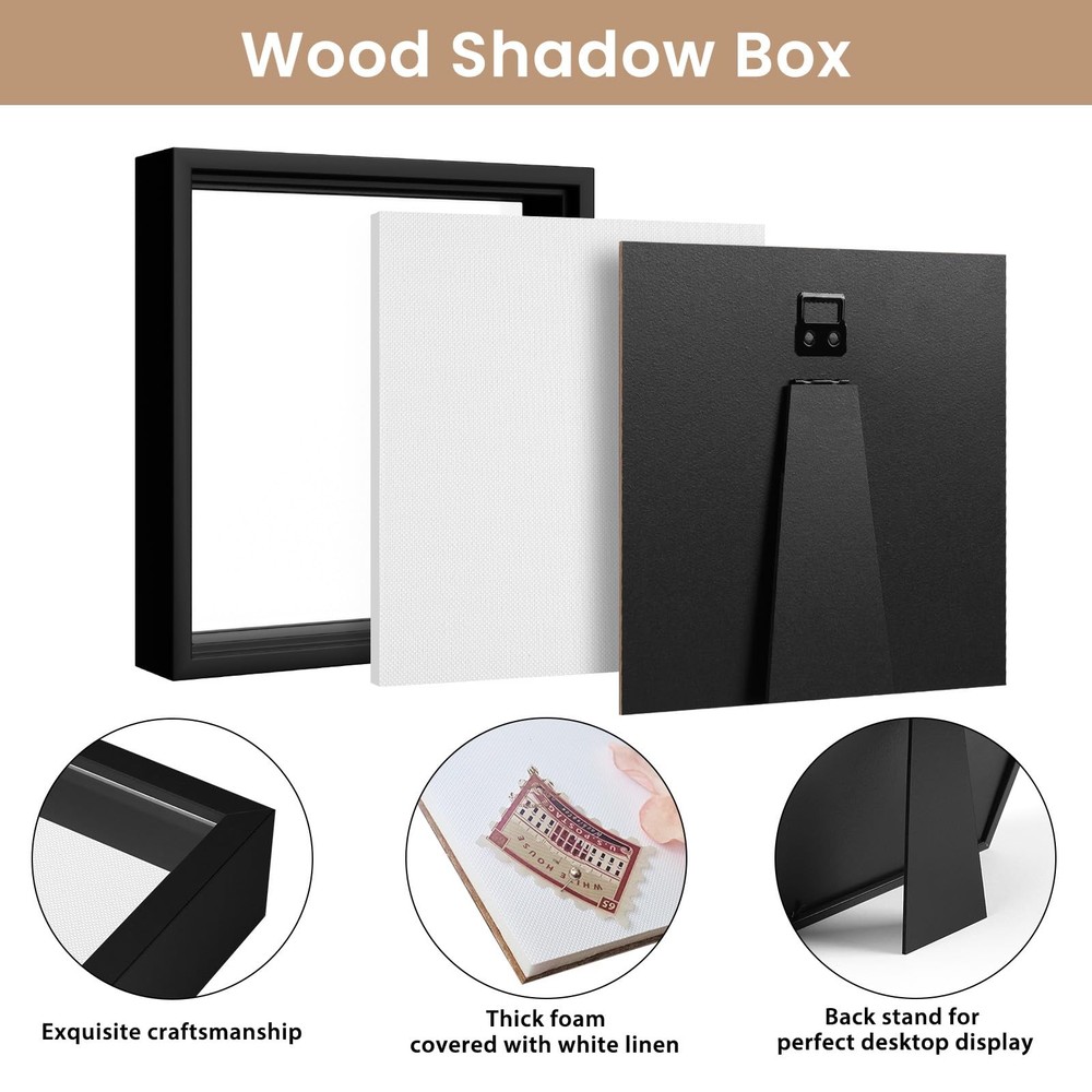 8x8 Shadow Box Frame with Soft Linen Back - Push Pins Included, Memory Box Di...