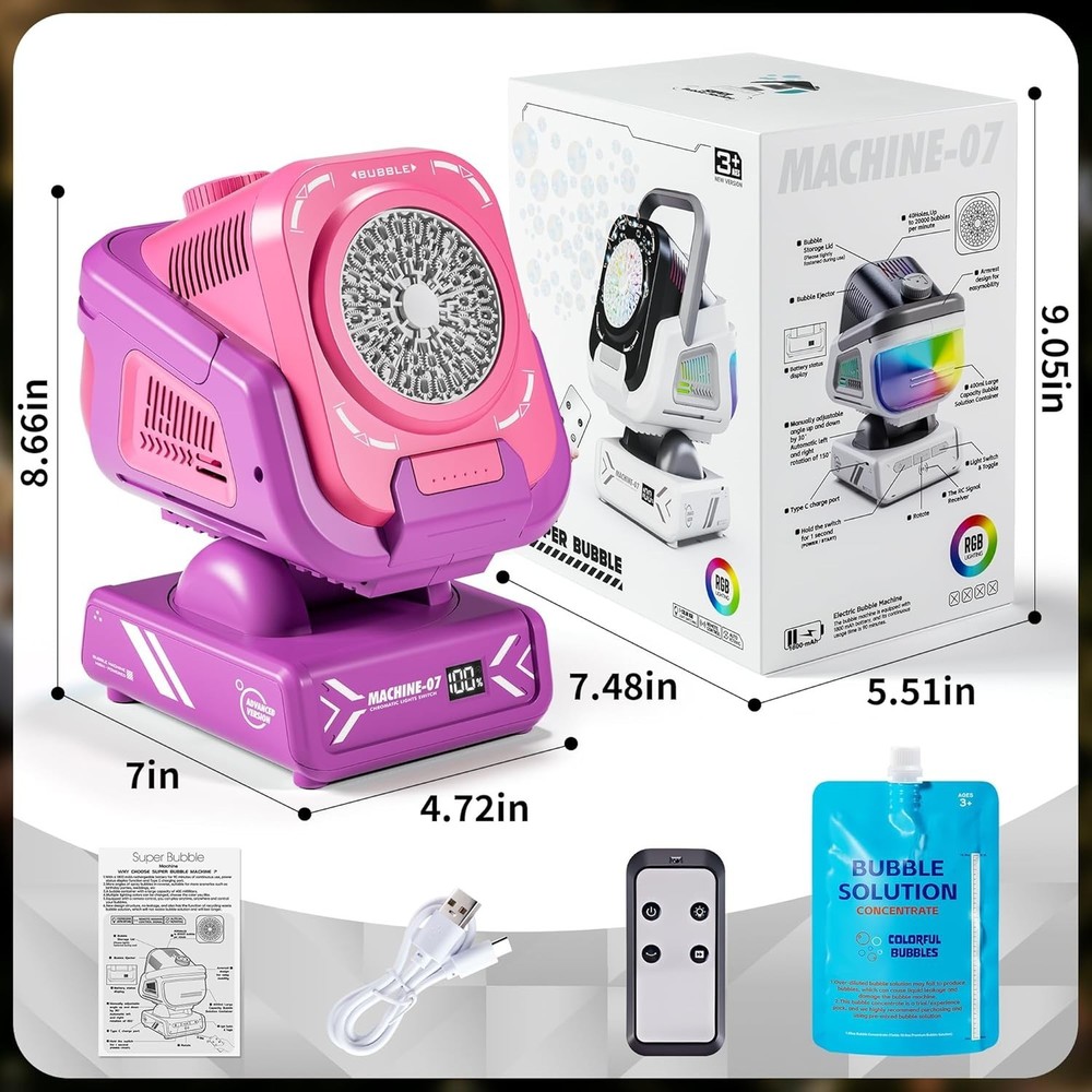 2025 Upgraded Bubble Machine with Remote Control Automatic Rotation & RGB Lig...