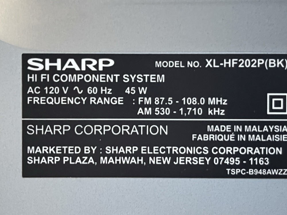Sharp XL-HF202P(BK) CD Player Bluetooth USB iPod/iPhone Dock Remote AM/FM Black