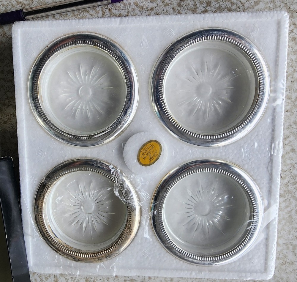 Vintage Leonard Silverplate Crystal Coasters (4)