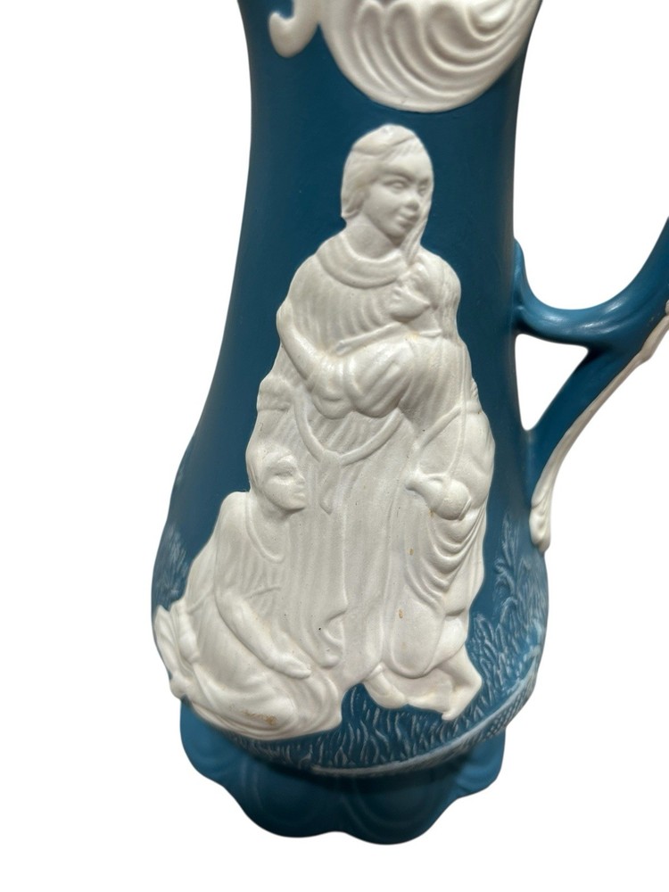 Barbara Taranto Blue Jasperware-Style Relief Pitcher Signed 6.75” Vintage