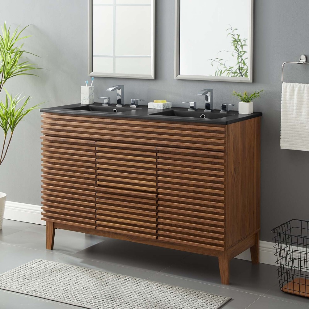 Modway Render 48" Double Bathroom Vanity in Walnut Black