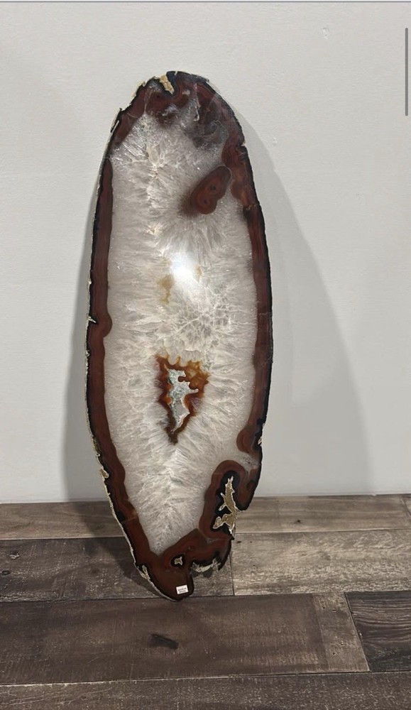 Large Polished White Brown Agate Mineral Slab with Crystal Structure
