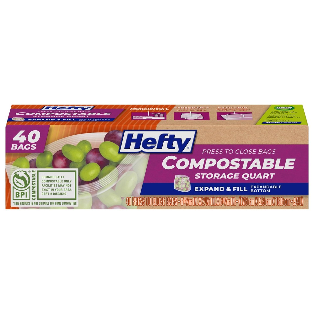 Hefty Compostable Press-To-Close​ Quart 40 Count Quart, Clear