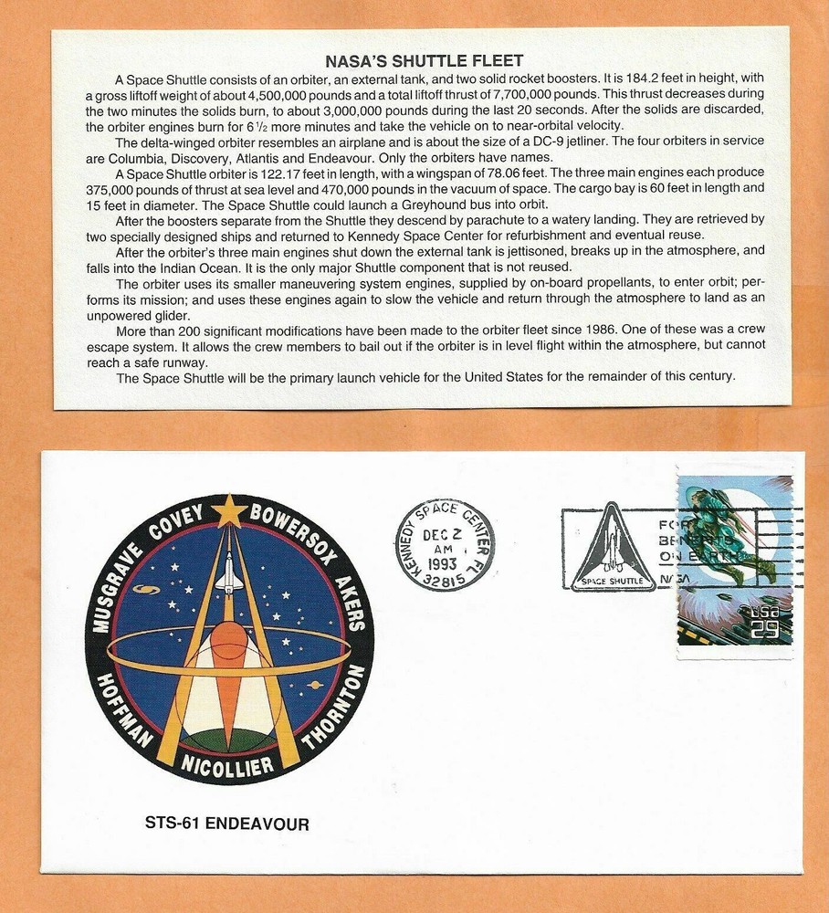 SHUTTLE ENDEAVOUR STS-61 DEC 2,1993 KSC  SPACE COVER  ****