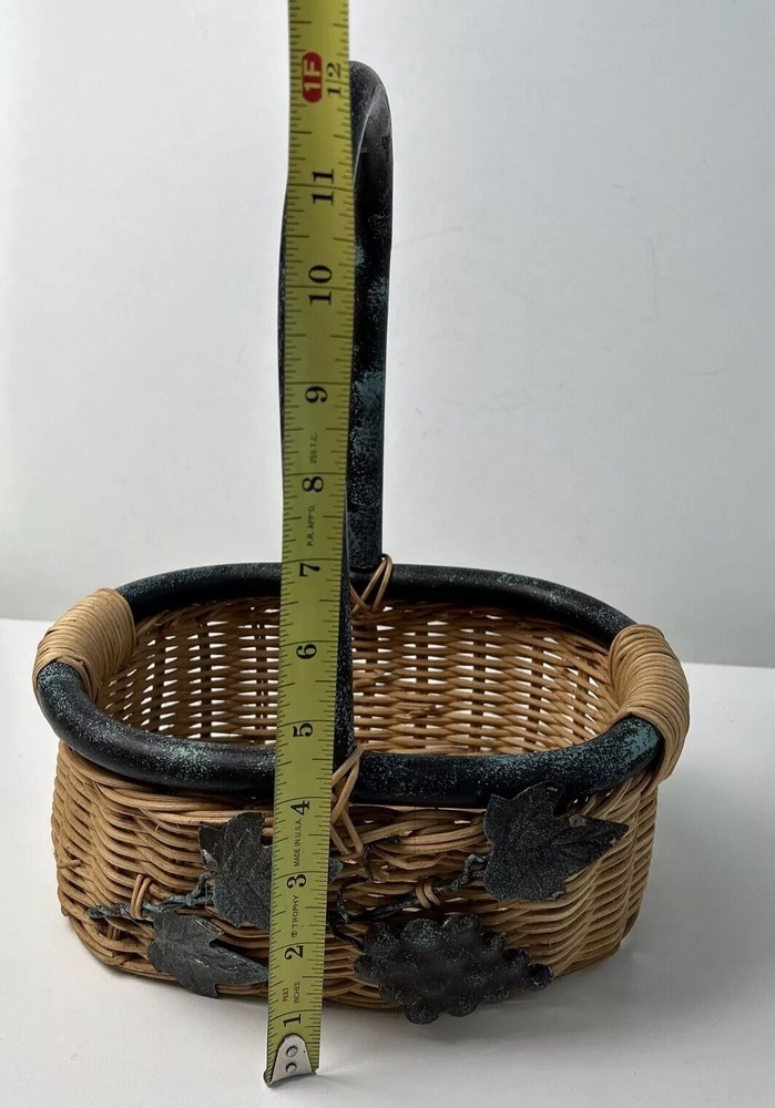 Wicker Basket Flat Bottom Top & Handle Sponged Leaf Shaped Metal On Front