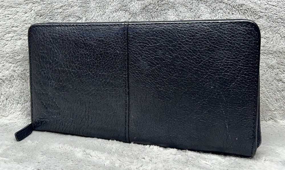 Black Leather Travel Wallet Organizer Zippered Document Holder