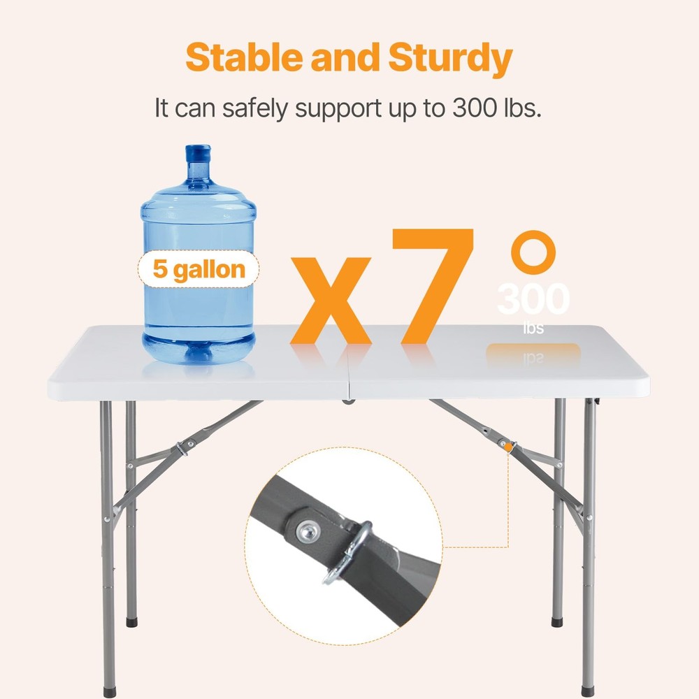 4 FT Folding Table Plastic Portable Fold-in-Half Table Heavy Duty for Camping...