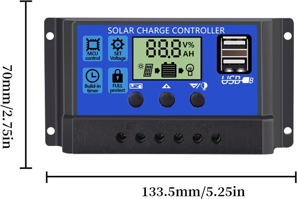 30A Solar Charge Controller 12V/24V LCD Dual USB Battery Regulator