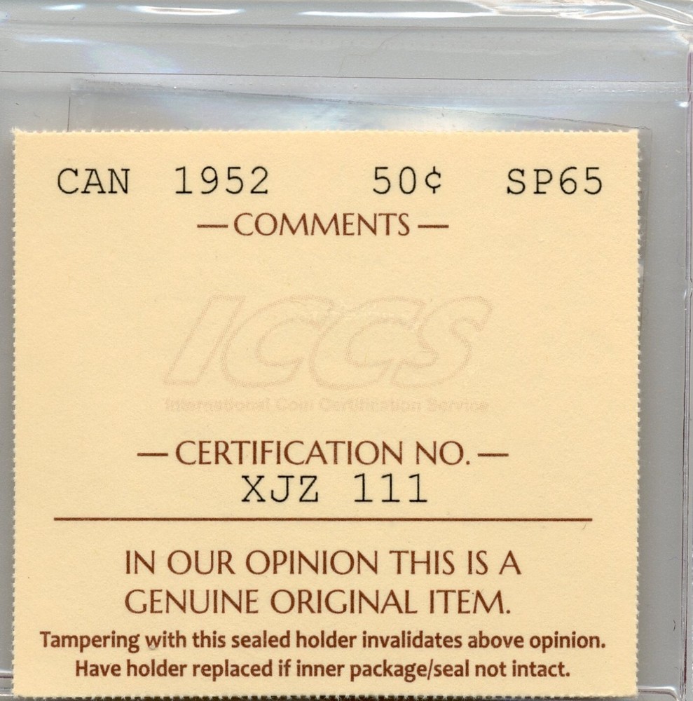 1952 Canada 50 Cents - ICCS SPECIMEN 65