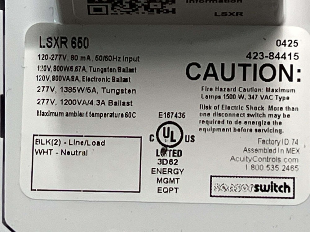 SENSOR SWITCH LSXR 650 Occupancy Sensor: Fluorescent/LED Passive Infrared 20VE58