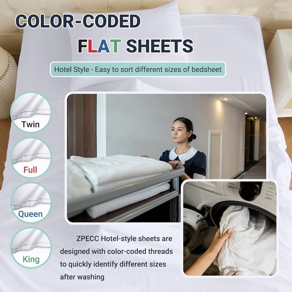 Queen Flat Sheet Only 4 Pack Durable White Top Bed Sheets Hypoallergenic Soft...
