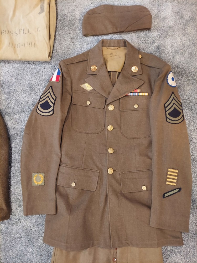 WWII Uniform Grouping - WW2 Sergeant Uniform Set - Jacket, Pants, Overcoat Etc