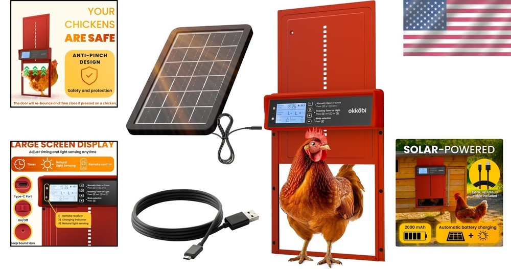 Solar Powered Automatic Chicken Coop Door with Timer/Light Sensor Modes - Red