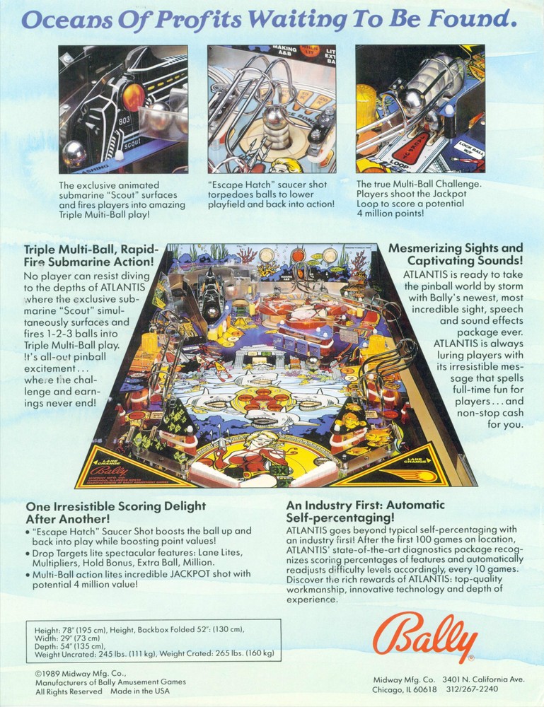 1989 BALLY ATLANTIS PINBALL FLYER