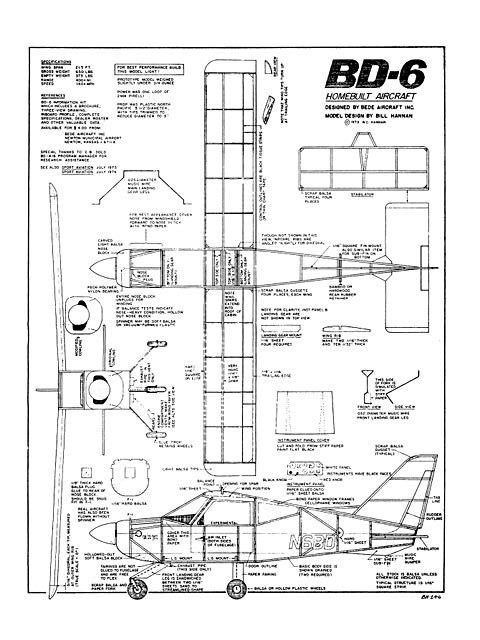 Bede BD-6 Rubber 16" Wingspan RC Model Airplane Printed Plans & Templates