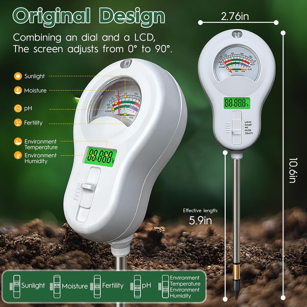 6-in-one Soil Test Kit-Soil Moisture Meter/PH Meter/Fertility/Sunlight...