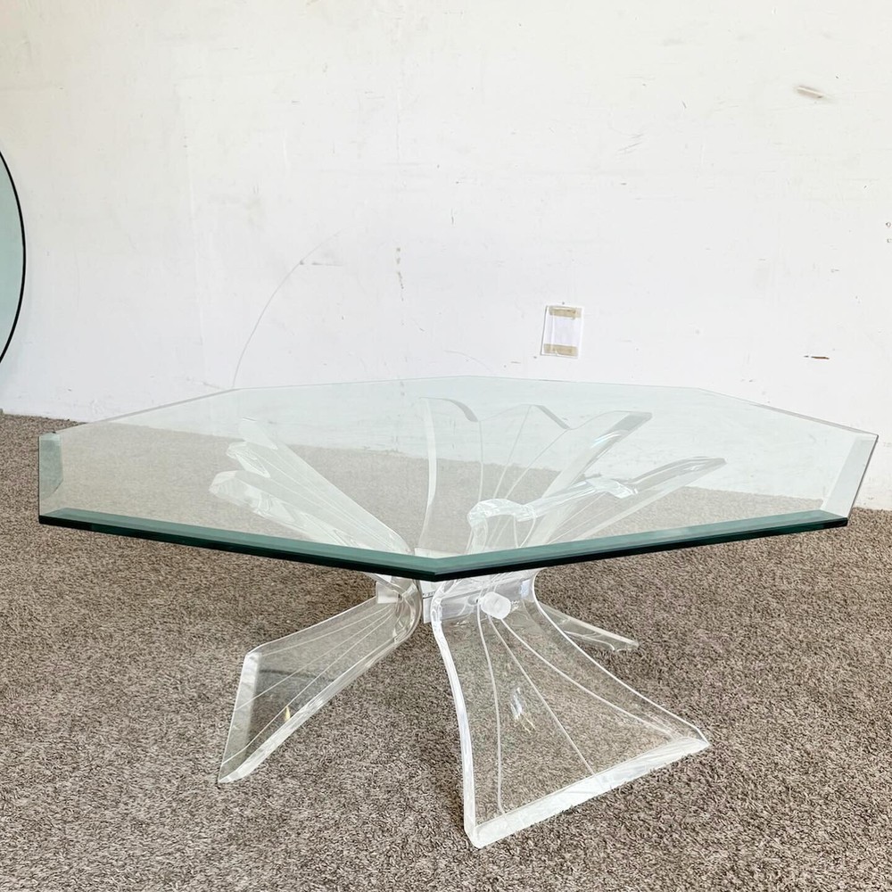 Postmodern Octagonal Beveled Glass Top Lucite Coffee Table