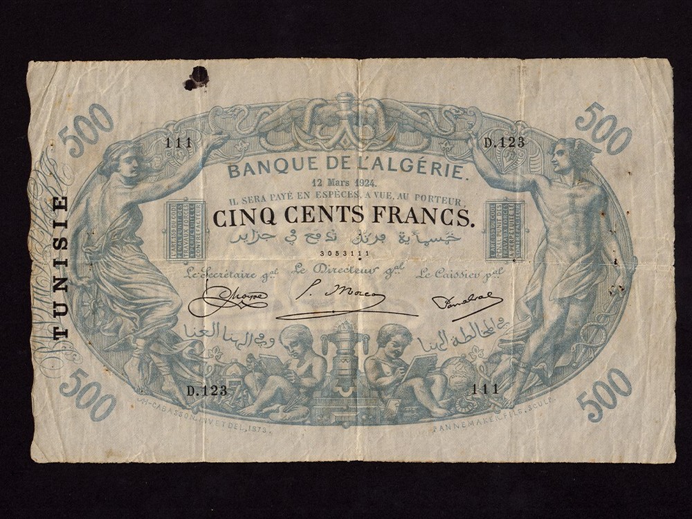 Tunisia:P-5b,500 Francs 1924 * Mercury * VF ! *