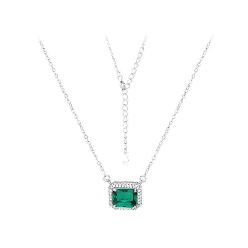 925 Silver Square Green Gemstone Necklace