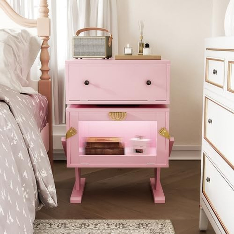 Modern Pink End Table with LED Light, Rotating Drawer & Storage