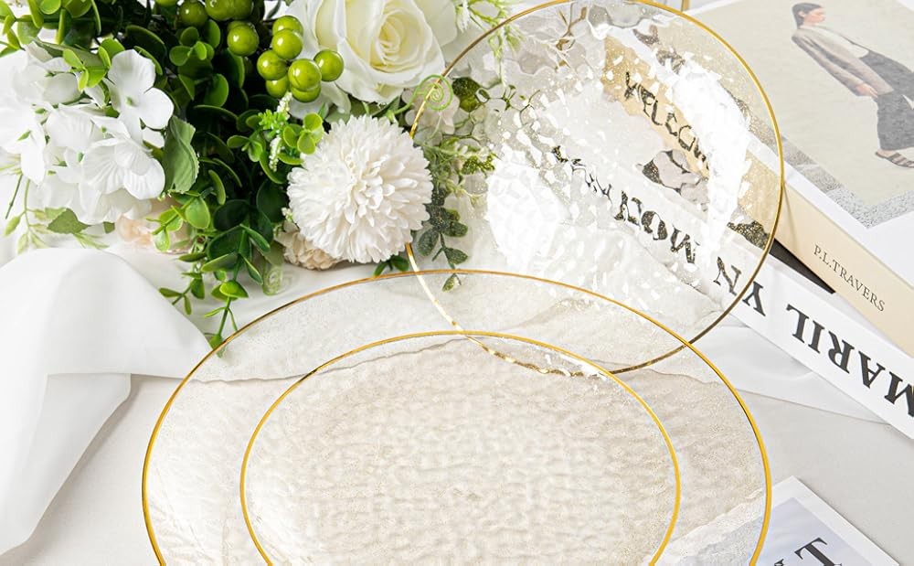 Clear Plastic Plates with Gold Rim, Includes Dinner Plate 10” and