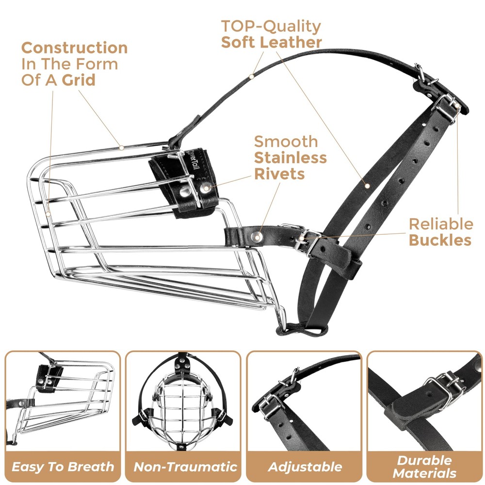 CleverTail German Shepherd Muzzle for Medium, Silver Wire & Black Straps