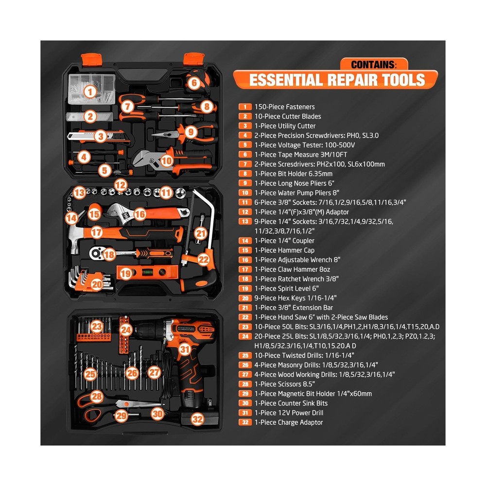 255-Piece Tool Set - Tool Kit with 12V Cordless Drill Driver, Toolbox Storage...