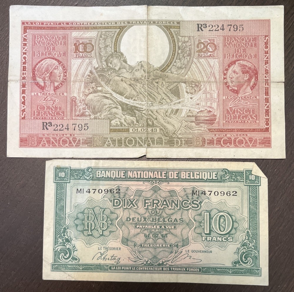 BRLGIUM 1943 10 Francs 100 Francs 2 Banknotes