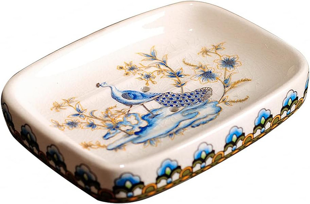 Ceramic Soap Dish Creative Ice Crack Ceramic Peacock and Flower Pattern Soap Dis